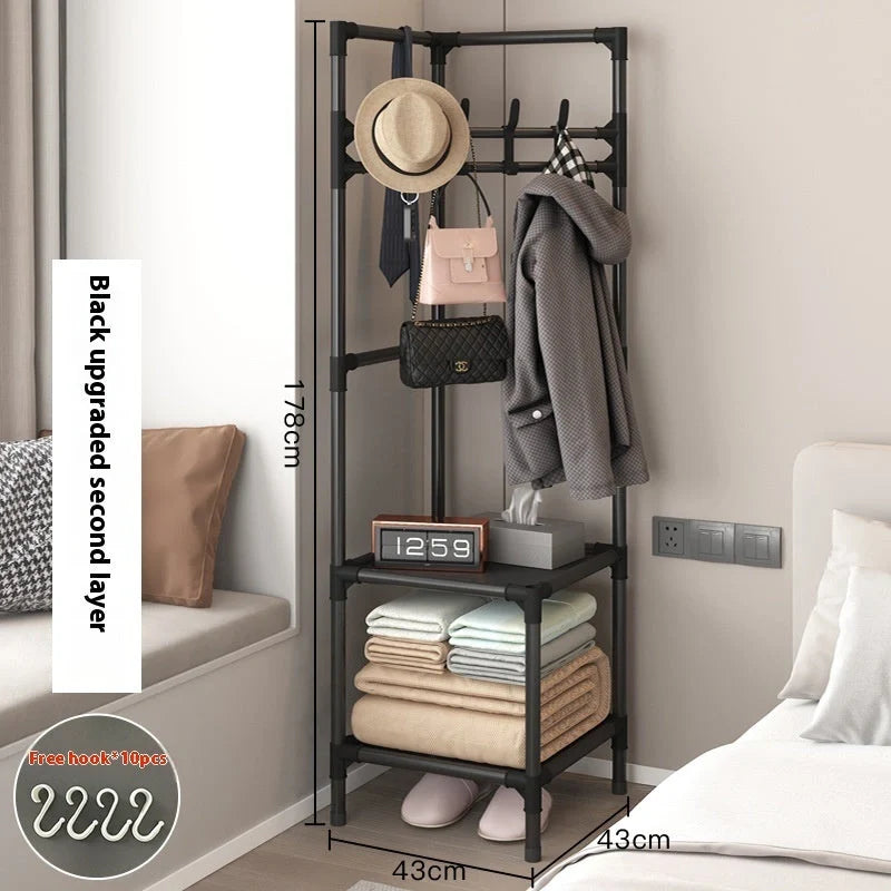 Corner Coat Rack Multi-layer Assembly in black and white finishes with 10 hooks