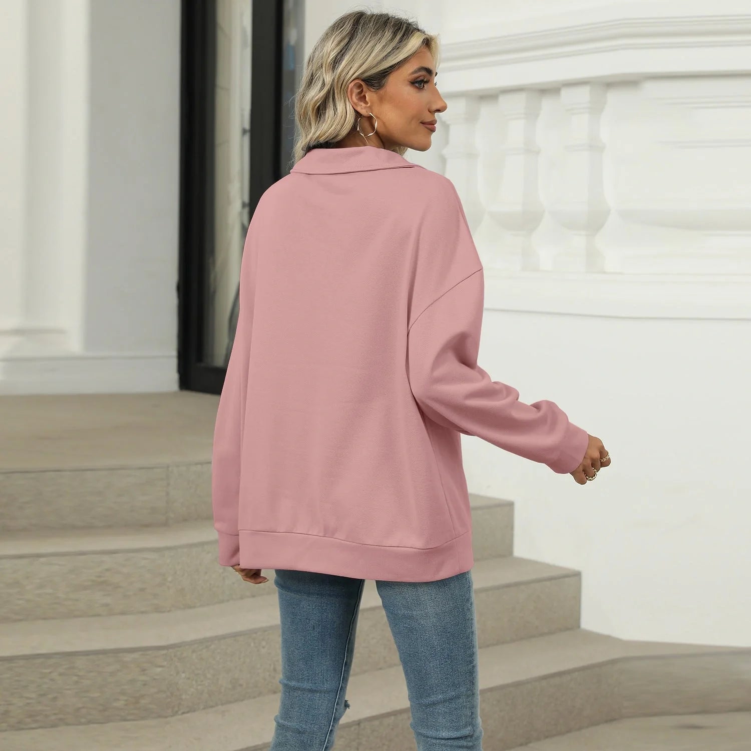 Women's Lapel V-neck Sweatshirt in solid colours with long sleeves