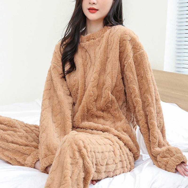 Cozy coral velvet pajama set with long sleeves and drawstring trousers for indoor and outdoor casual wear
