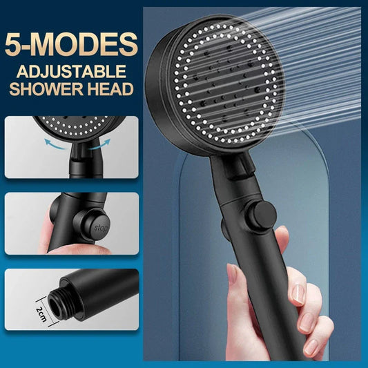 Premium high-pressure shower head with 5-speed supercharged spray patterns, large water output, and modern minimalist design
