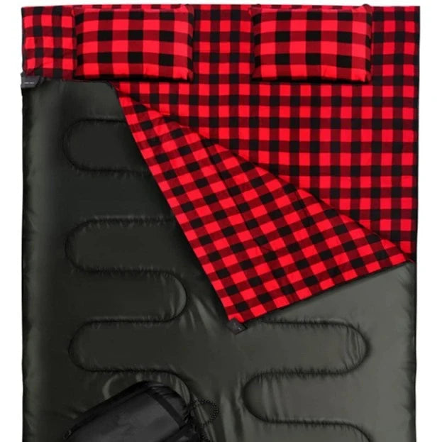 Outdoor camping flannel sleeping bag with pillow, available in black and red stripes or blue with blue ribbon