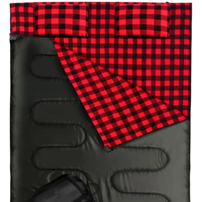 Outdoor camping flannel sleeping bag with pillow, available in black and red stripes or blue with blue ribbon