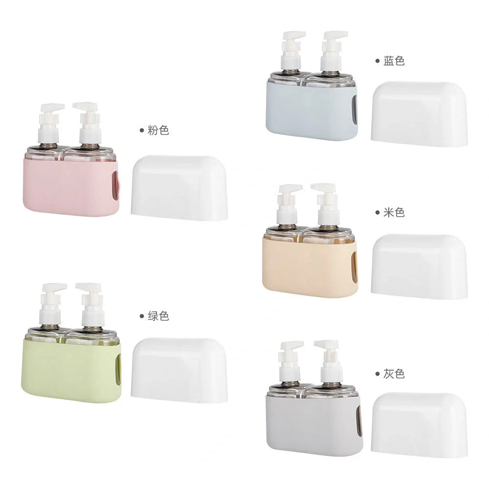 Leak-proof travel bottle set in green, blue, beige, gray, and pink