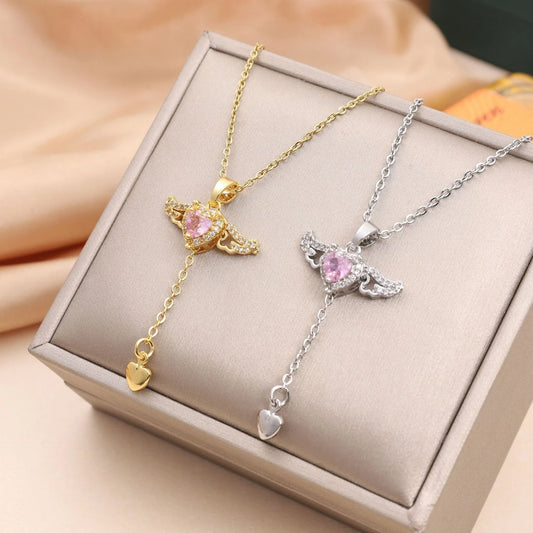 Enchanting necklace with Cupid heart and fluttering angel wings, crafted with titanium steel and sparkling zircon crystals