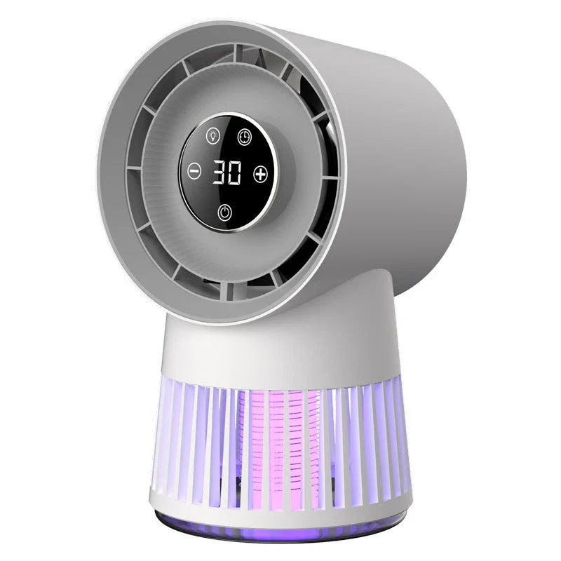 Powerful 2-in-1 desk fan with mosquito-killing suction and 360-degree airflow for versatile cooling and pest control
