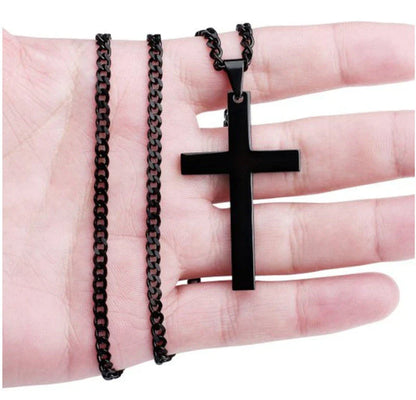 Stainless steel cross pendant necklace in black, silver, and gold colours, showcasing a classic and elegant design