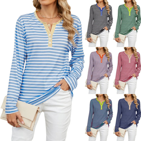 Women's V-neck striped loose long-sleeved t-shirt top in various colours
