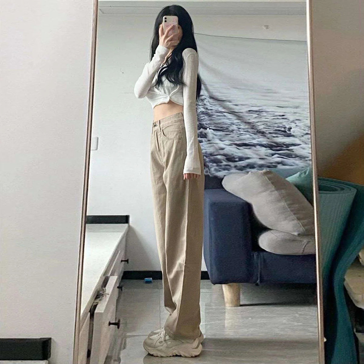 High waist wide leg jeans in khaki, retro style with button details