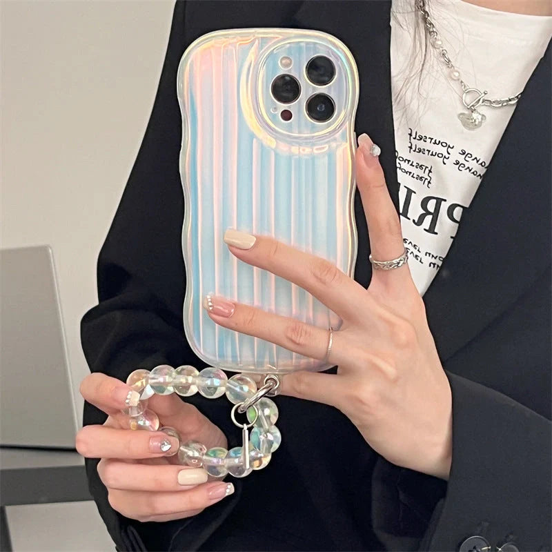 Laser Wave Silicone Phone Case with gradient laser stripes and bead chain for iPhone