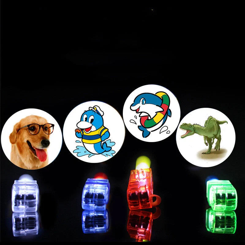 LED Finger Light Ring projecting cartoon patterns at a children's party
