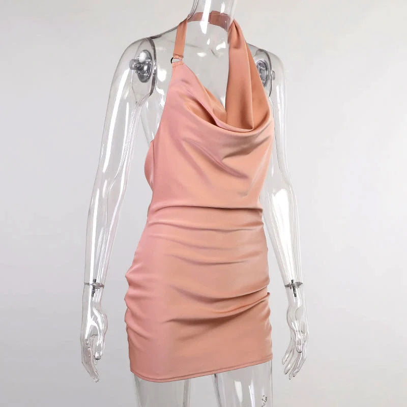 Adjustable satin party dress with V-neck and backless design in white, pink, and black