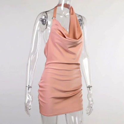 Adjustable satin party dress with V-neck and backless design in white, pink, and black