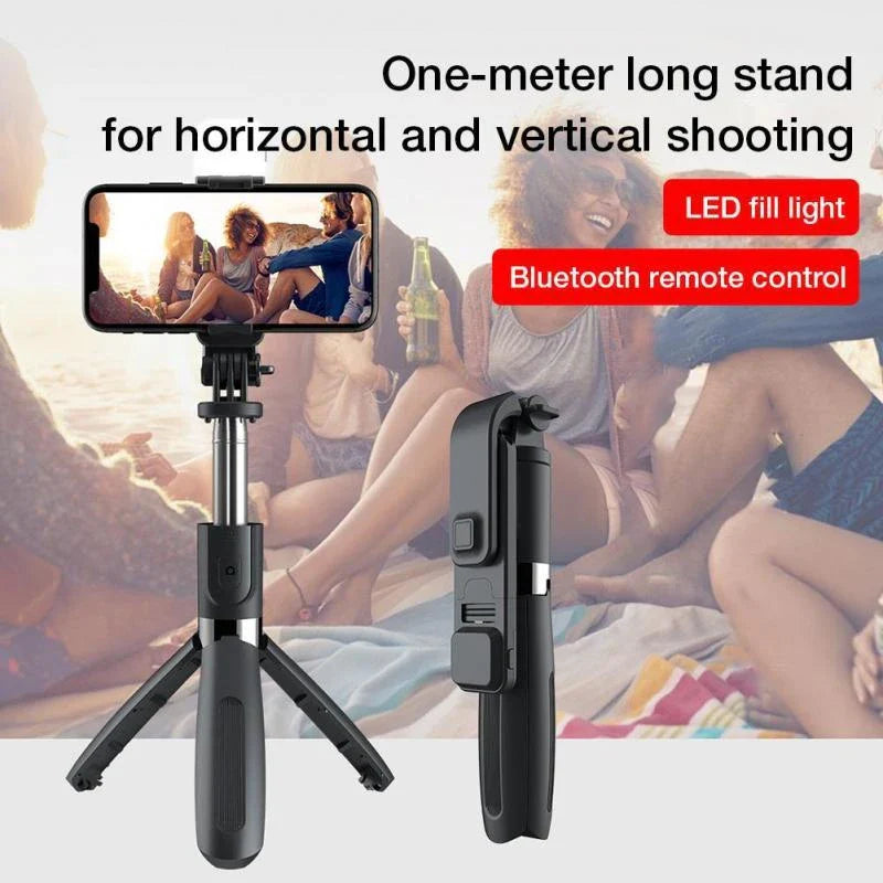 Adjustable Bluetooth selfie stick with remote control and tripod for iPhone, ideal for capturing full-body and hands-free mobile photos