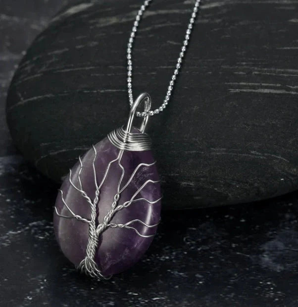 Celtic Tree of Life Necklace with teardrop semi-precious stone pendant