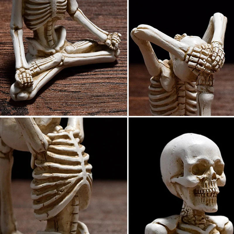 Haunting Halloween desktop ornaments, featuring intricate resin skulls and skeletons in black and vintage white finishes