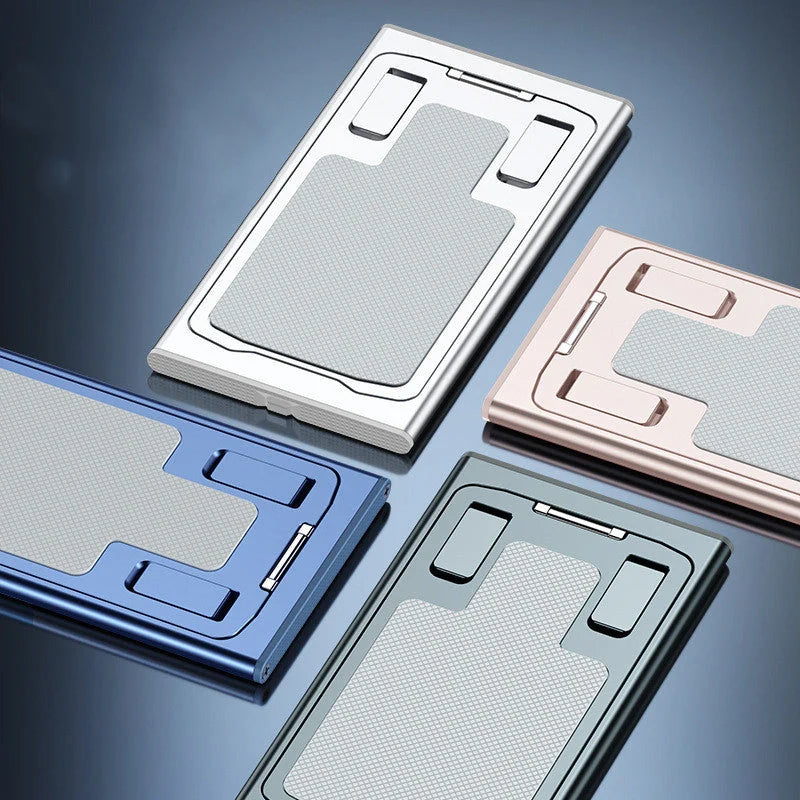 Aluminum alloy mobile phone stand in grey, rose gold, silver, and blue, adjustable and foldable
