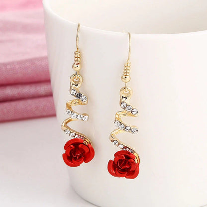Ethnic Red Rose Drop Earrings with rhinestones for women, golden color, elegant design