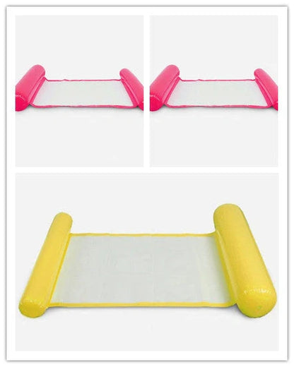 Inflatable water lounge chair in blue, floating in pool with hammock-style design