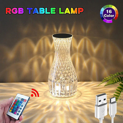 Vase Shape Atmosphere Crystal Lamp with USB charging and remote control on a bedside table