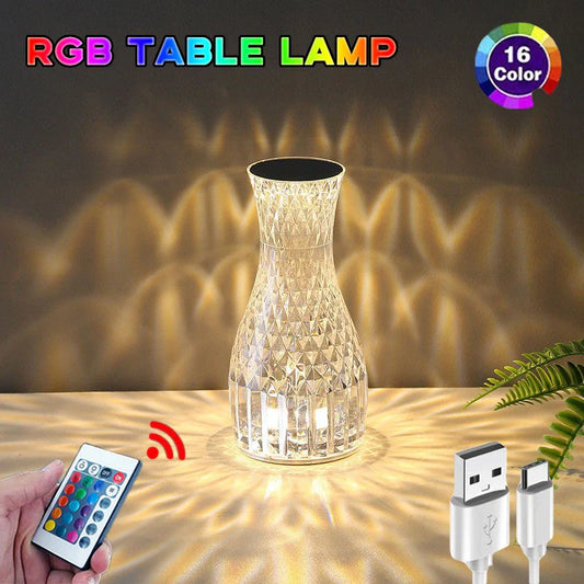 Vase Shape Atmosphere Crystal Lamp with USB charging and remote control on a bedside table