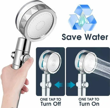 Modern minimalist high-pressure shower head with on/off switch and water-saving technology