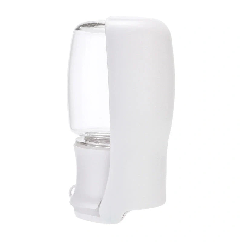 Foldable dog water bottle in blue, white, and pink, perfect for outdoor adventures with your pet.