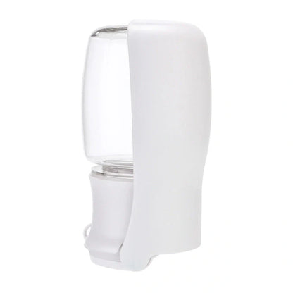 Foldable dog water bottle in blue, white, and pink, perfect for outdoor adventures with your pet.