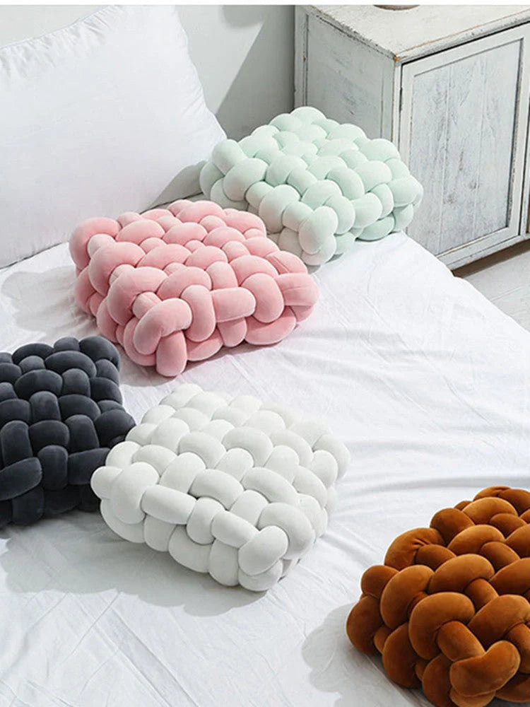 Creative Home Woven Square Plush Cushion in various colours, showcasing novel weaving design