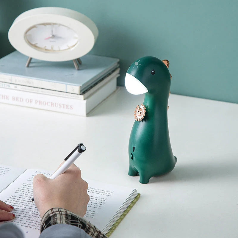 Adorable dinosaur LED night light with touch control in pink, blue, and green