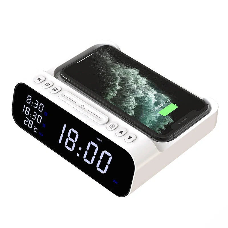 15W Three-in-one Wireless Charger with Temperature Tester and Multi Alarm Clock in black and white