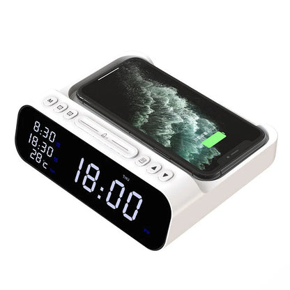 15W Three-in-one Wireless Charger with Temperature Tester and Multi Alarm Clock in black and white