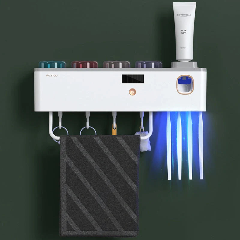 Multifunctional UV Germicidal Toothbrush Rack with magnetic cup and toothpaste squeezers
