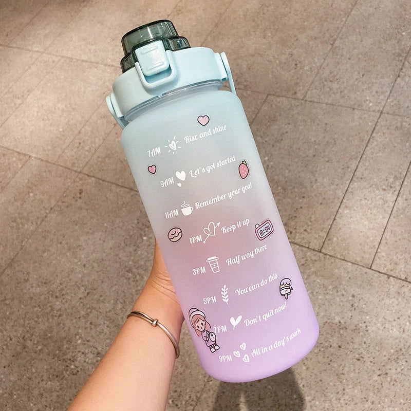 2000ml gradient colour water bottle with straw and stickers, leak-proof design