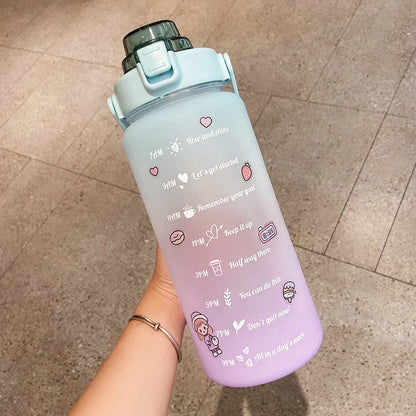 2000ml gradient colour water bottle with straw and stickers, leak-proof design