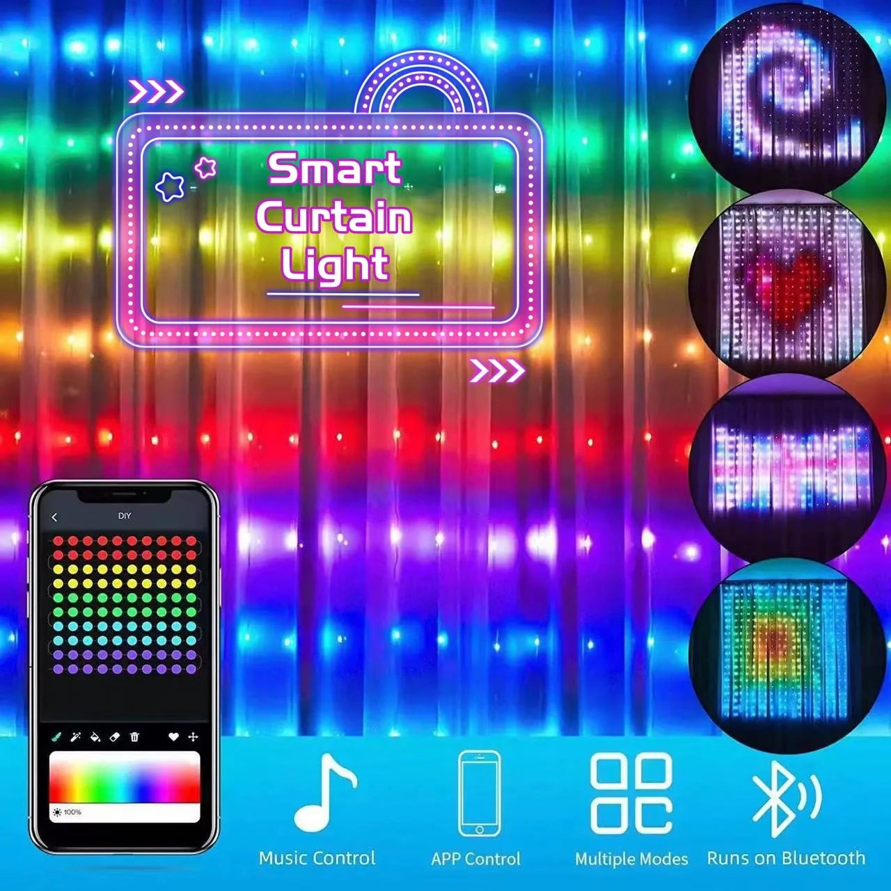 Smart LED RGB Curtain String Lights with Bluetooth control and waterproof design