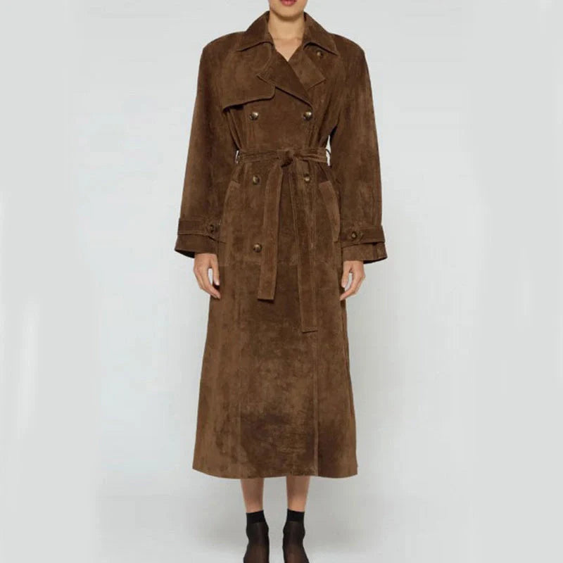 Double-breasted vintage suede long coat with belt for women in brown and light brown