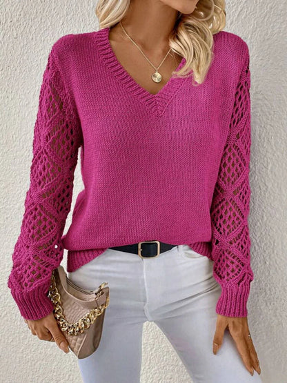 Stylish V-Neck Sweater with Trendy Hollow Sleeves for Women in Variety of Classic Colors