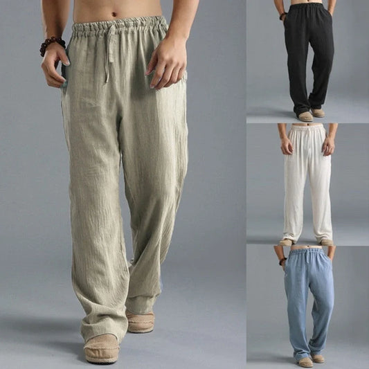 Men's breathable linen loose-fit sports pants in khaki, black, light blue, and off-white
