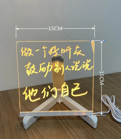 Acrylic DIY Note Board LED Night Light with 7 pens on a desk