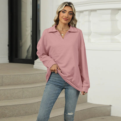 Women's Lapel V-neck Sweatshirt in solid colours with long sleeves