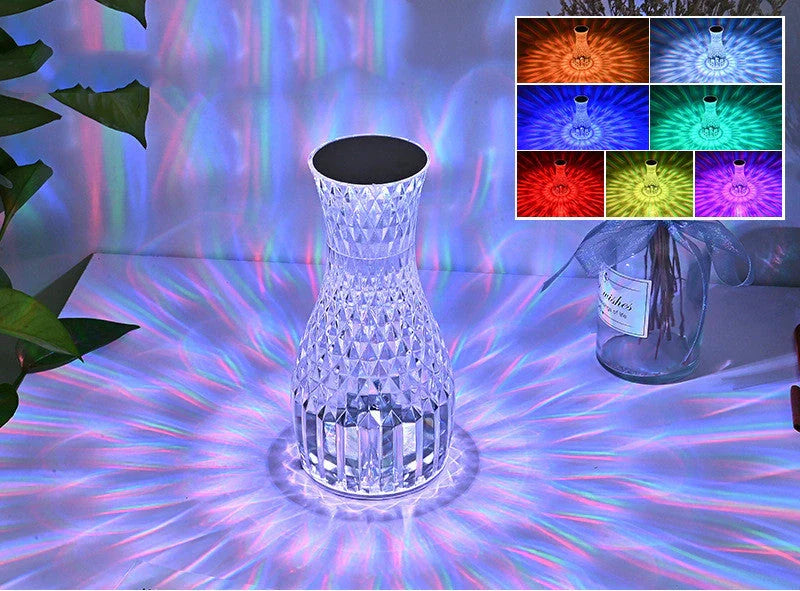 Vase Shape Atmosphere Crystal Lamp with USB charging and remote control on a bedside table