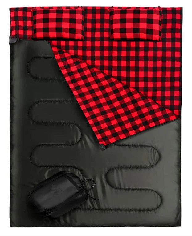 Outdoor camping flannel sleeping bag with pillow, available in black and red stripes or blue with blue ribbon