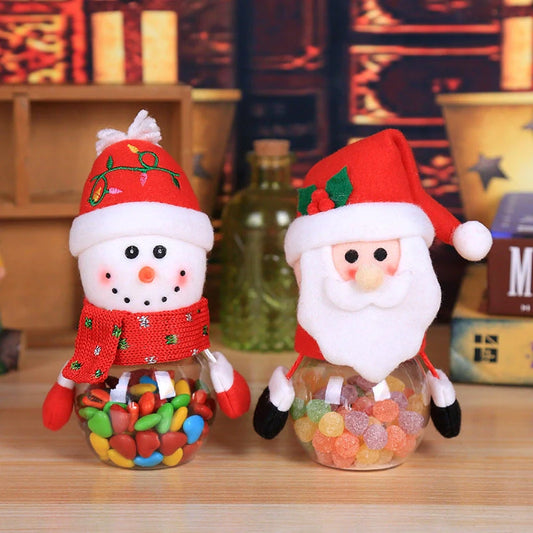 Christmas themed candy jar with festive toy lid for holiday treats storage