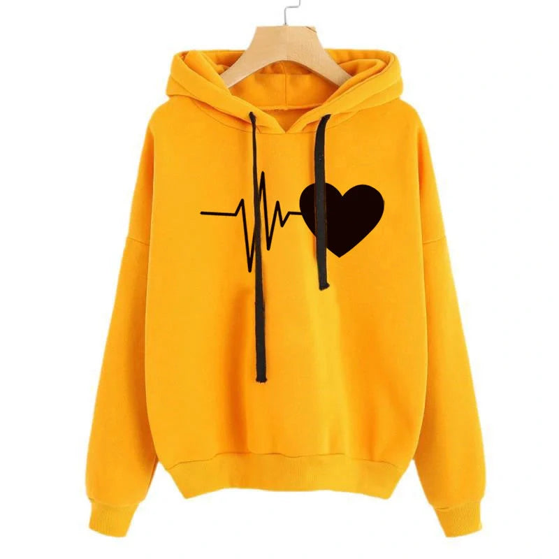 Women's heart print streetwear hoodie in various colours and sizes
