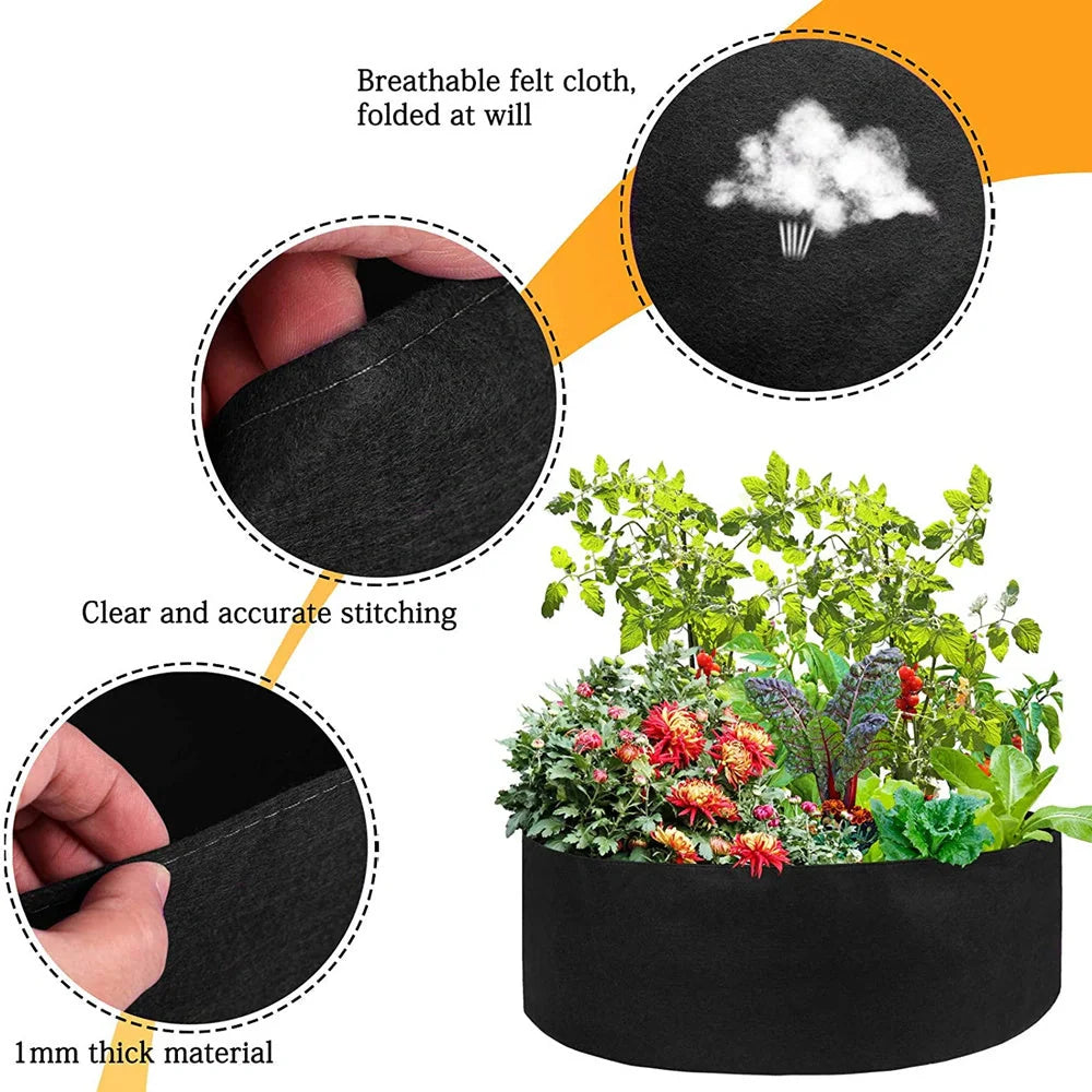 Round black and green fabric grow bags for garden plants with automatic drainage