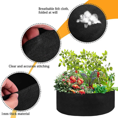 Round black and green fabric grow bags for garden plants with automatic drainage