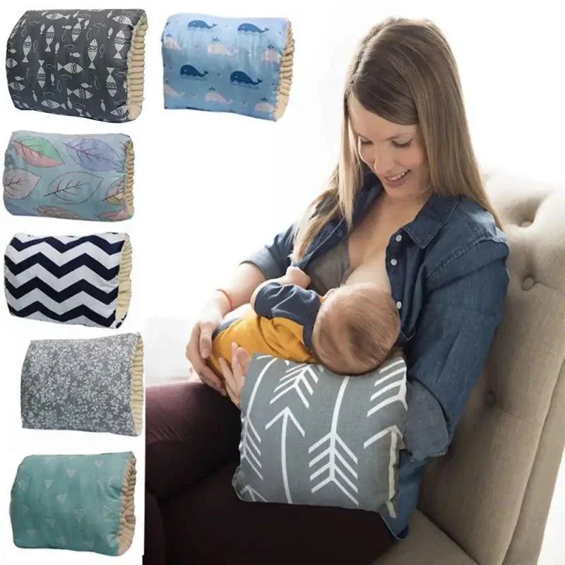 Adjustable baby nursing arm pillow in various colors and patterns, including dark blue, gray, pink, and more. Features soft, breathable cotton fabric and an ergonomic design to support breastfeeding mothers.