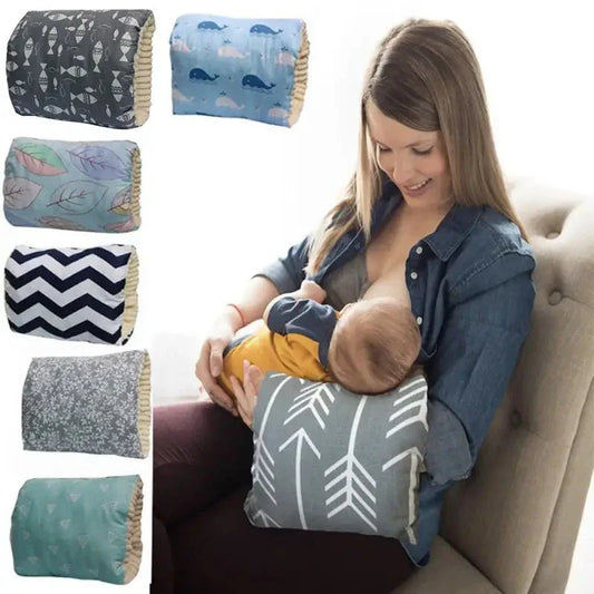 Adjustable baby nursing arm pillow in various colors and patterns, including dark blue, gray, pink, and more. Features soft, breathable cotton fabric and an ergonomic design to support breastfeeding mothers.