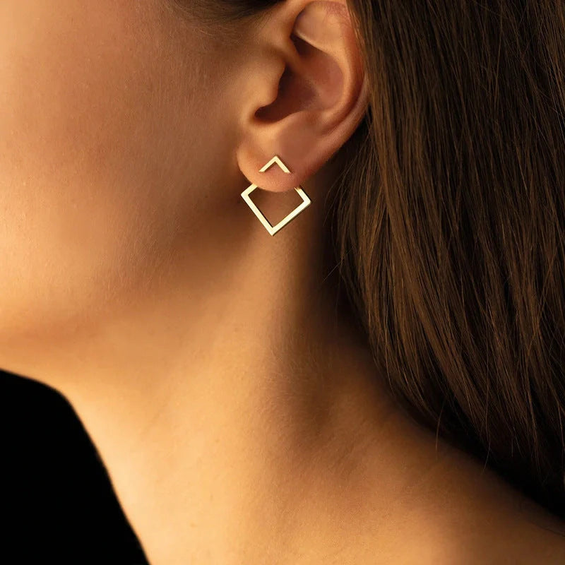 Stylish square geometric titanium steel earrings for women in gold, steel, and rose gold.