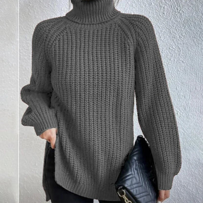 A stylish turtleneck pullover sweater with a unique split design, available in a variety of classic colours and sizes.